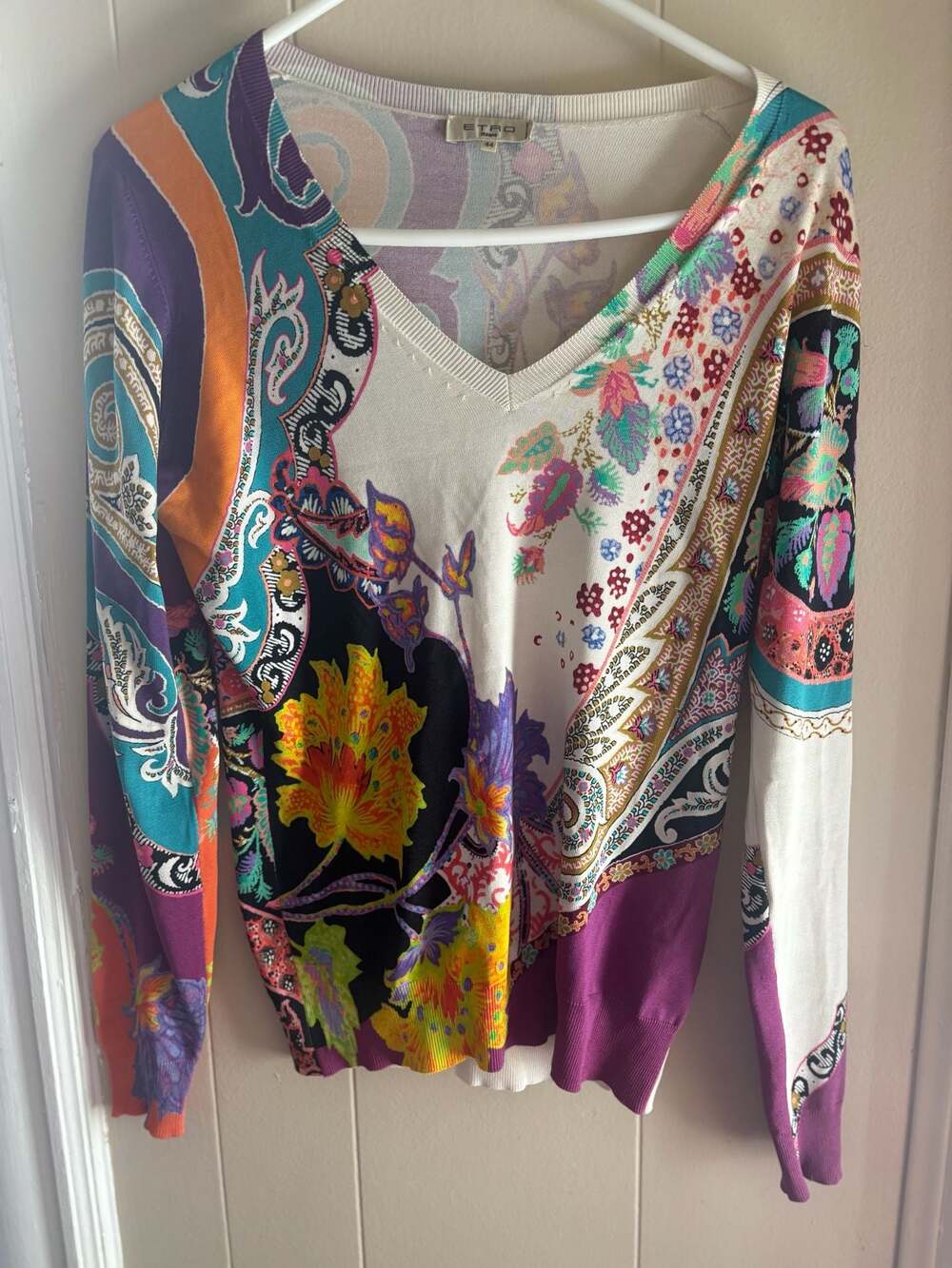 Etro Milano Silk Paisley Print V-Neck Sweater Size 44